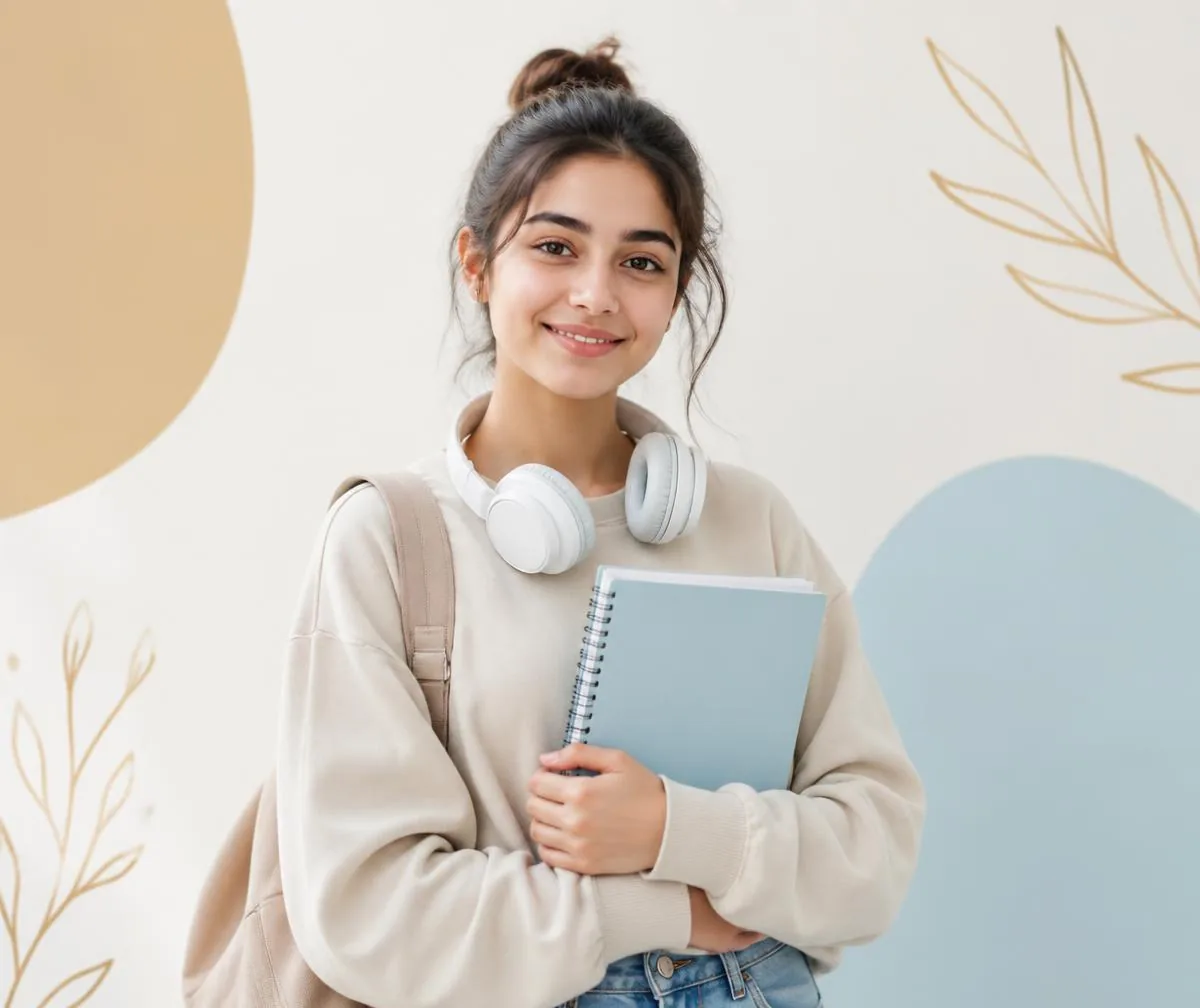 Estudante jovem sorrindo, segurando um caderno com fones de ouvido no pescoço.